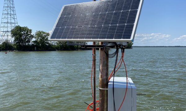 Near the water's edge a solar panel and a grey box are attached to a pole.