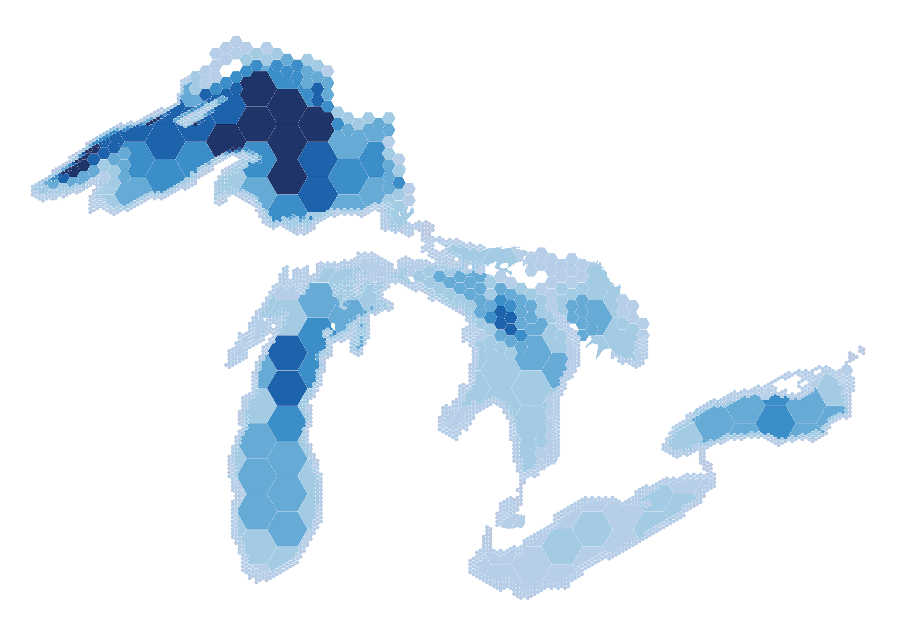 Map of the Great Lakes with differing colored Hexagons to show lake depth