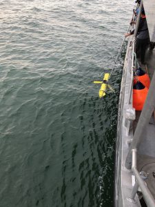 Multiple people use a pole to recover an underwater glider