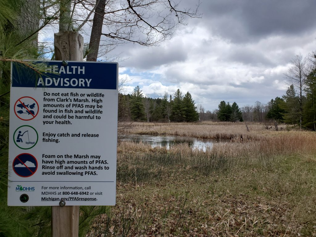 A sign warning of PFAS contamination near a swampy area