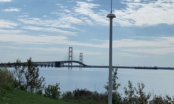 A newly-installed high-frequency radar unit stands near the Mackinac Straits. Photo by Lorelle Meadows