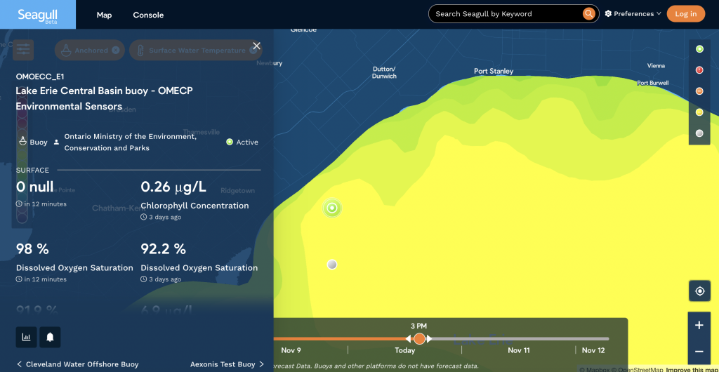 A screenshot of Seagull showing a buoy and live measurements