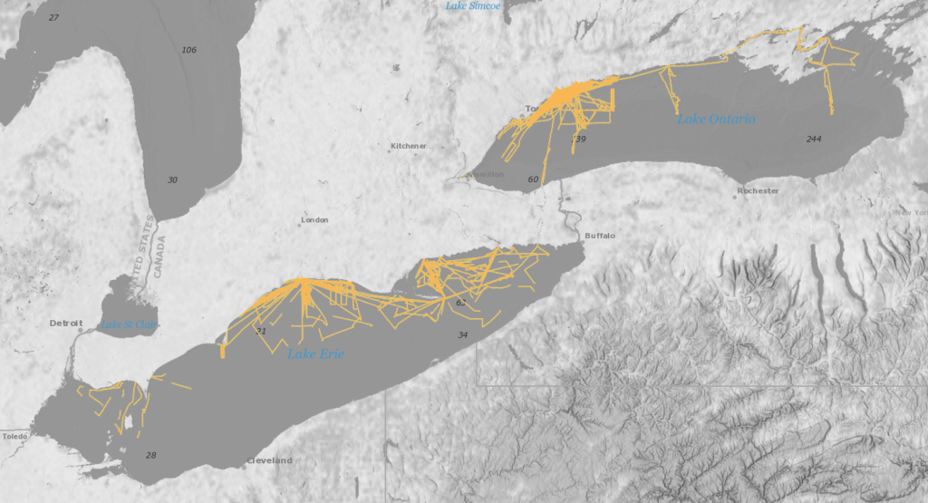 yellow lines criss-cross areas the Canadian sides of Lakes Erie and Ontario.