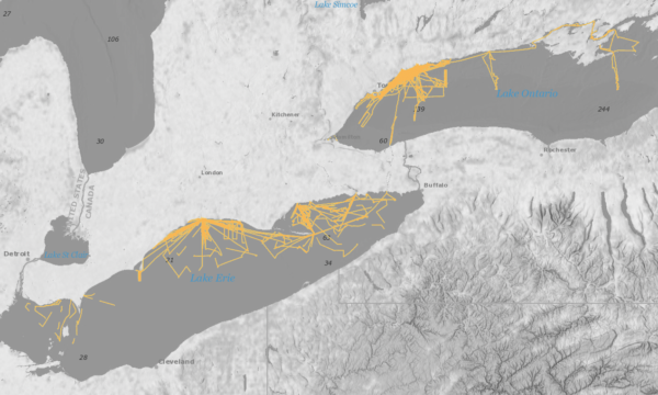 yellow lines criss-cross areas the Canadian sides of Lakes Erie and Ontario.