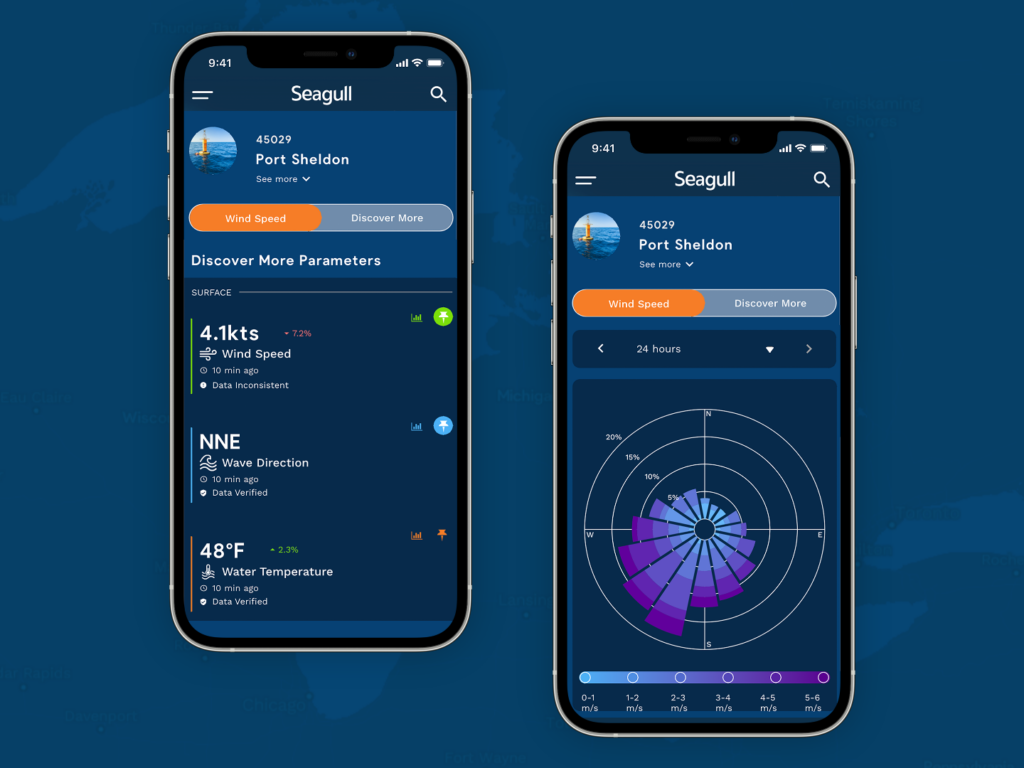 Two Seagull screenshots showing mobile displays of buoy data and a wind rose