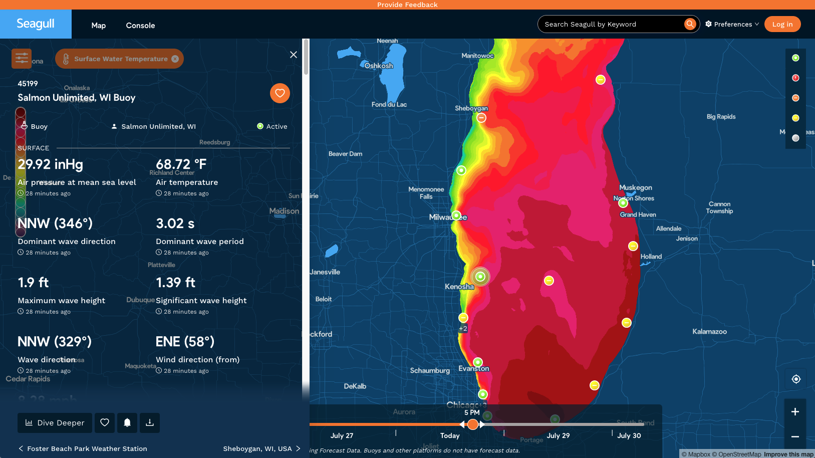 An image of a desktop app showing Lake Michigan. A green dot is selected, and the side panel displays buoy data.