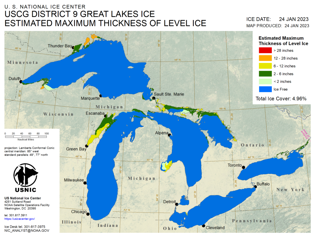 A map showing the Great Lakes with areas colored based on ice thickness.