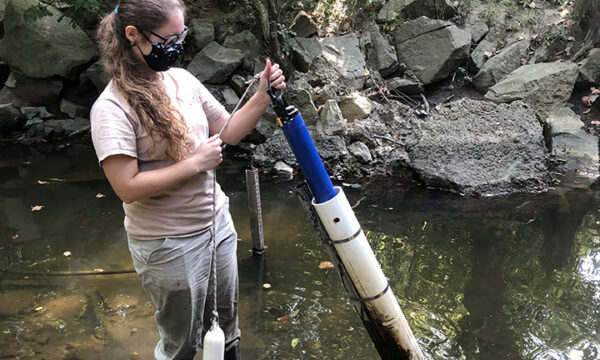 Sonde in Old Woman Creek_PC Jade Bolinger Sampling Old Woman Creek using a sonde, which contains several water quality sensors. Photo by Jade Bolinger.