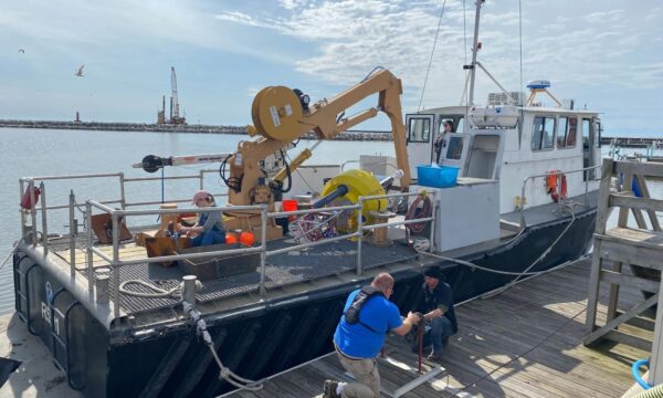 NOAA GLERL's vessel with the Shipwreck Sentinel buoy on board. Photo by Caitlin Zant.